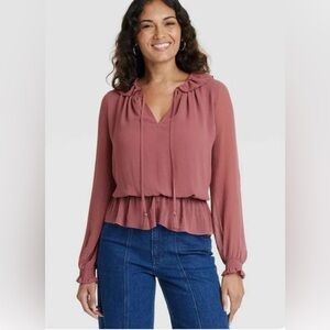 Ruffle Neck Long Sleeve Top Blouse Smocked Waist Mauve Rose